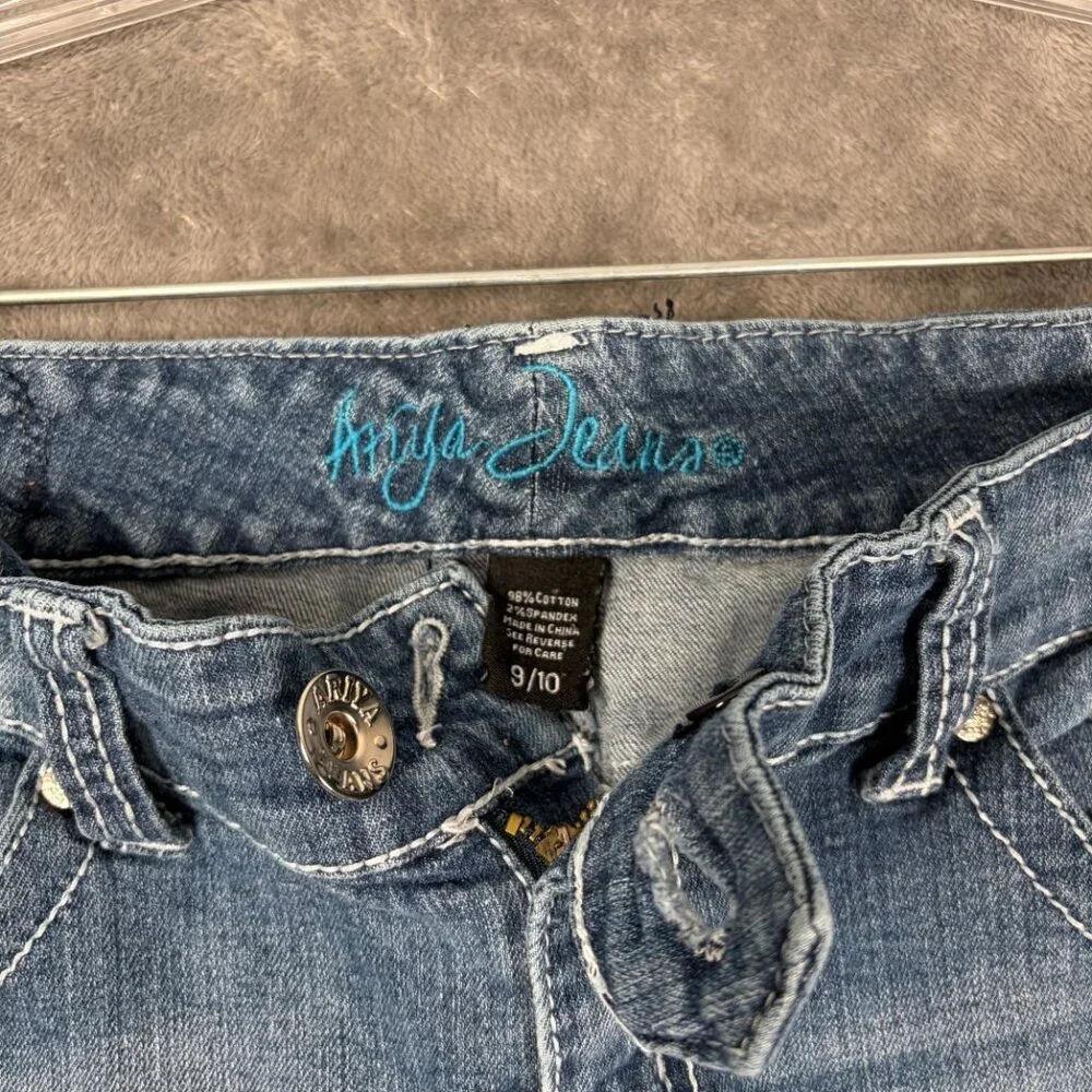 Ariya Cut-Off Shorts Juniors 9/10 Blue Dark Frayed Hem Embroidered Pockets Y2K - Picture 3 of 6